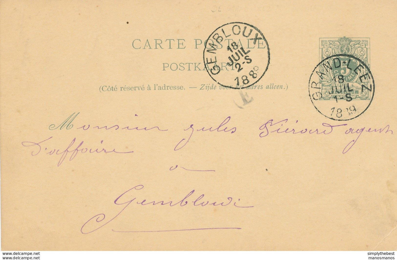 ZZ991 - Entier Postal Lion Couché GRAND LEEZ 1889 Vers GEMBLOUX - Boite Rurale E - Origine GRAND LEEZ En Manuscrit - Correo Rural