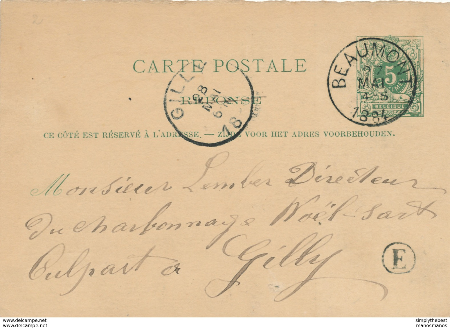 ZZ988 - Entier Postal Lion Couché REPONSE De BEAUMONT 1884 Vers GILLY  - Boite Rurale E - Origine RENLIES  En Manuscrit - Posta Rurale