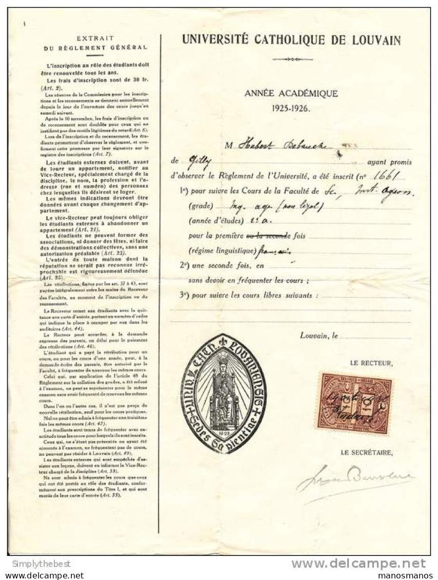 Timbre Fiscal S/ Certificat D' Inscription 1926 - Etudiant Université Catholique De LOUVAIN  --  TT748 - Dokumente