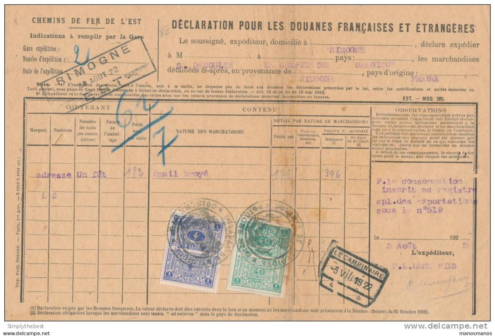 Timbres Fiscaux S/ Déclaration Douane DOISCHE 1922 - De BIMOGNE Cdf EST Vers Gare LE CAMPINAIRE  --  TT752 - Documents