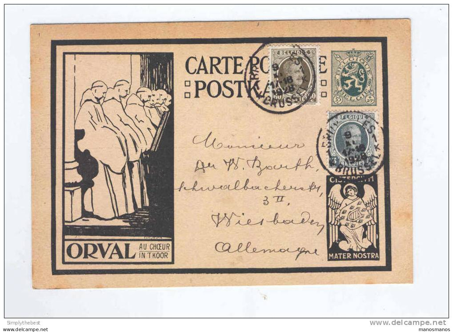 Carte Illustrée Noire ORVAL Avec Ange - Circulée + TP Houyoux BRUXELLES 1928  --  QQ292 - Cartes Postales Illustrées (1971-2014) [BK]