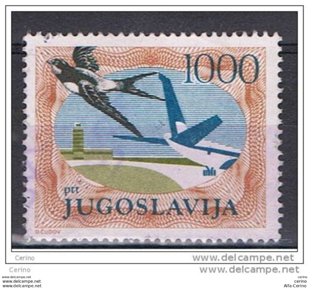 JUGOSLAVIA:  1988  P.A. RONDINE  -  1000 D. POLICROMO  US. -  D. 13 1/2  -  YV/TELL. 60 A - Luftpost