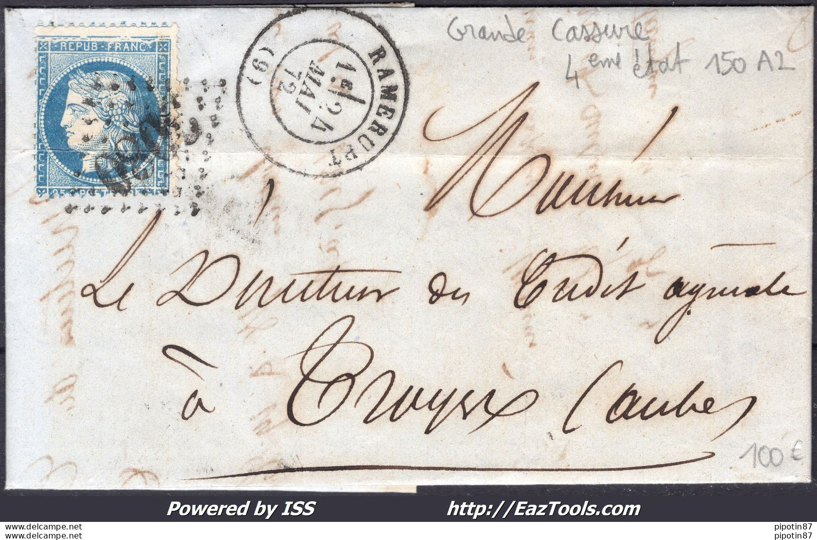 FRANCE N° 60a SUR LETTRE GC 3080 + VARIÉTÉ GRANDE CASSURE 4EME ETAT CASE 150 A2 - 1871-1875 Cérès