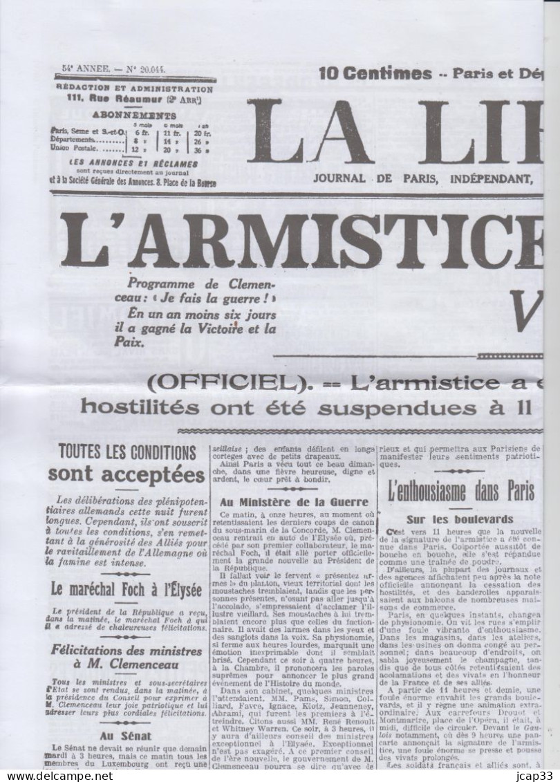 LA LIBERTE  -  JOURNAL DE PARIS  -  11 NOVEMBRE 1918  -  Reproduction De La 1ere Feuille  - - Algemene Informatie