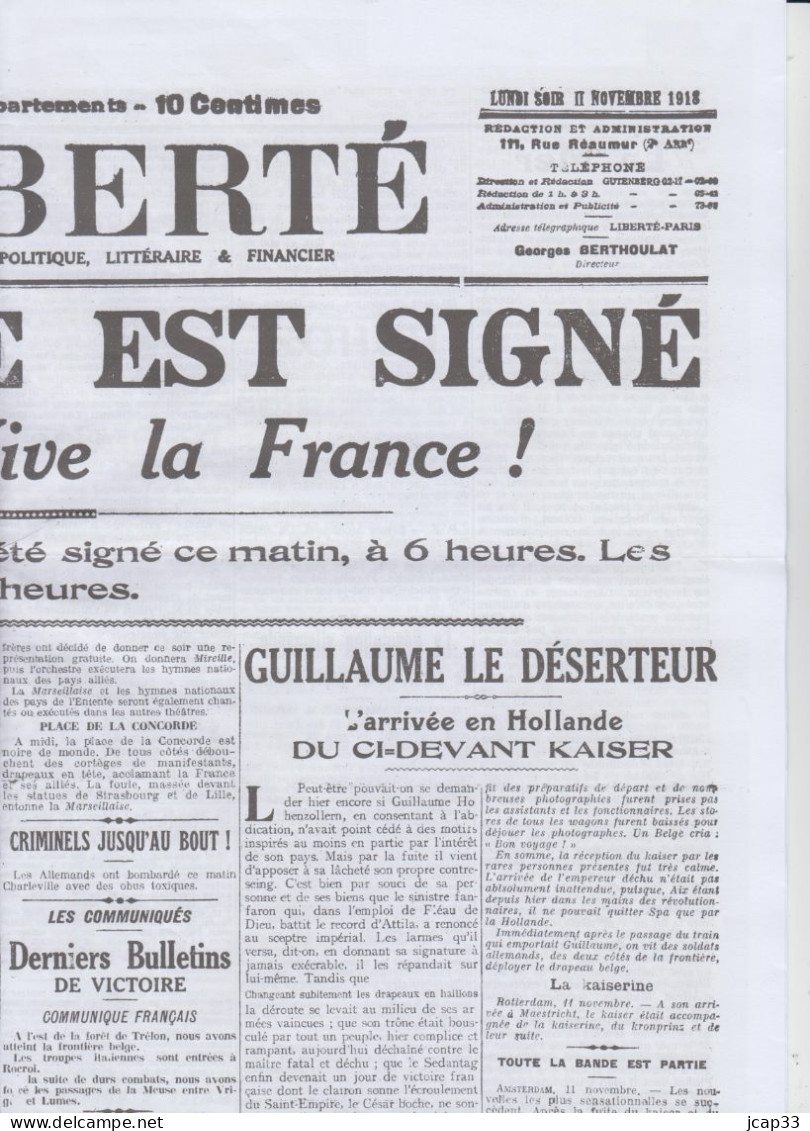 LA LIBERTE  -  JOURNAL DE PARIS  -  11 NOVEMBRE 1918  -  Reproduction De La 1ere Feuille  - - Algemene Informatie