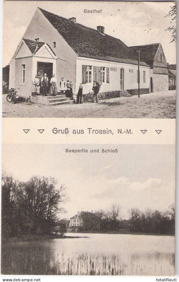 Gruß Aus TROSSIN Neumark Troszyn Gasthof Belebt Seepartie Und Schloß Bahnpoststempel BRESLAU - STETTIN ZUG 642 10.6.1919 - Neumark