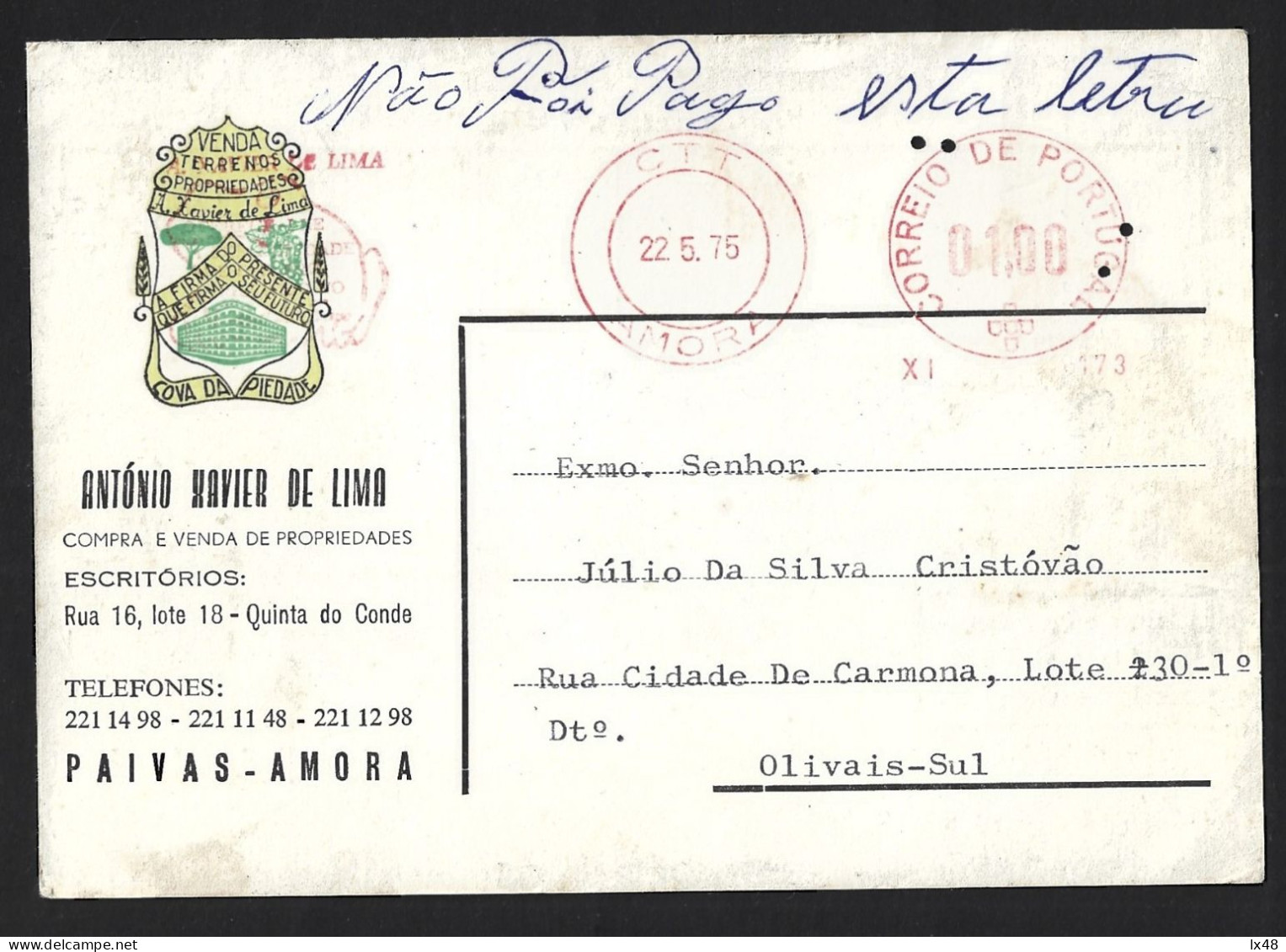 Postal De 1975 De A. Xavier De Lima. Paivas, Amora. Cova Da Piedade. Construção Civil. Flâmula De Coelho. - Storia Postale