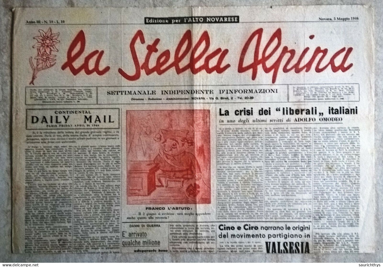 La Stella Alpina Anno III 18 1946 Edizione Per L'Alto Novarese Partigiani Musati Valsesia Cino Moscatelli - Guerra 1939-45