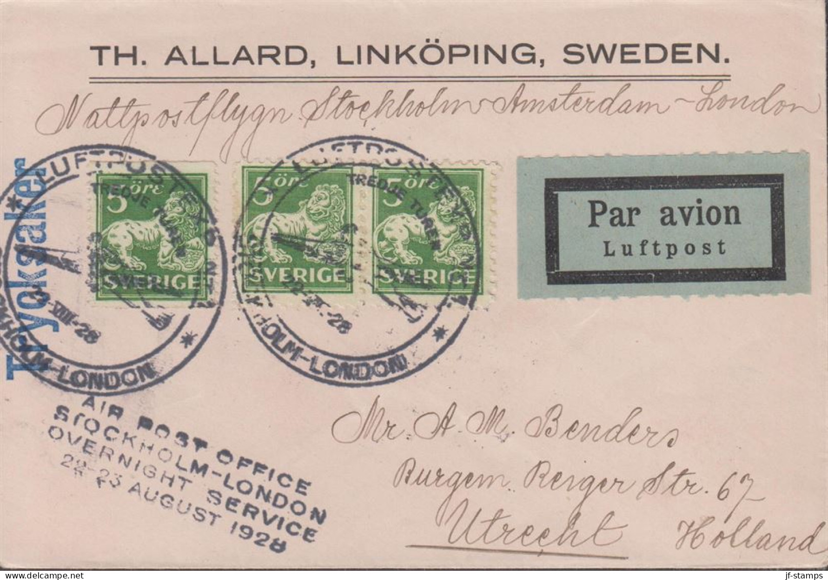 1928. SVERIGE. LUFTPOSTEXP. NR 1 STOCKHOLM - LONDON 22 VIII-28 TREDJE TUREN. On Cover To Utr... (Michel 175+) - JF444785 - Lettres & Documents