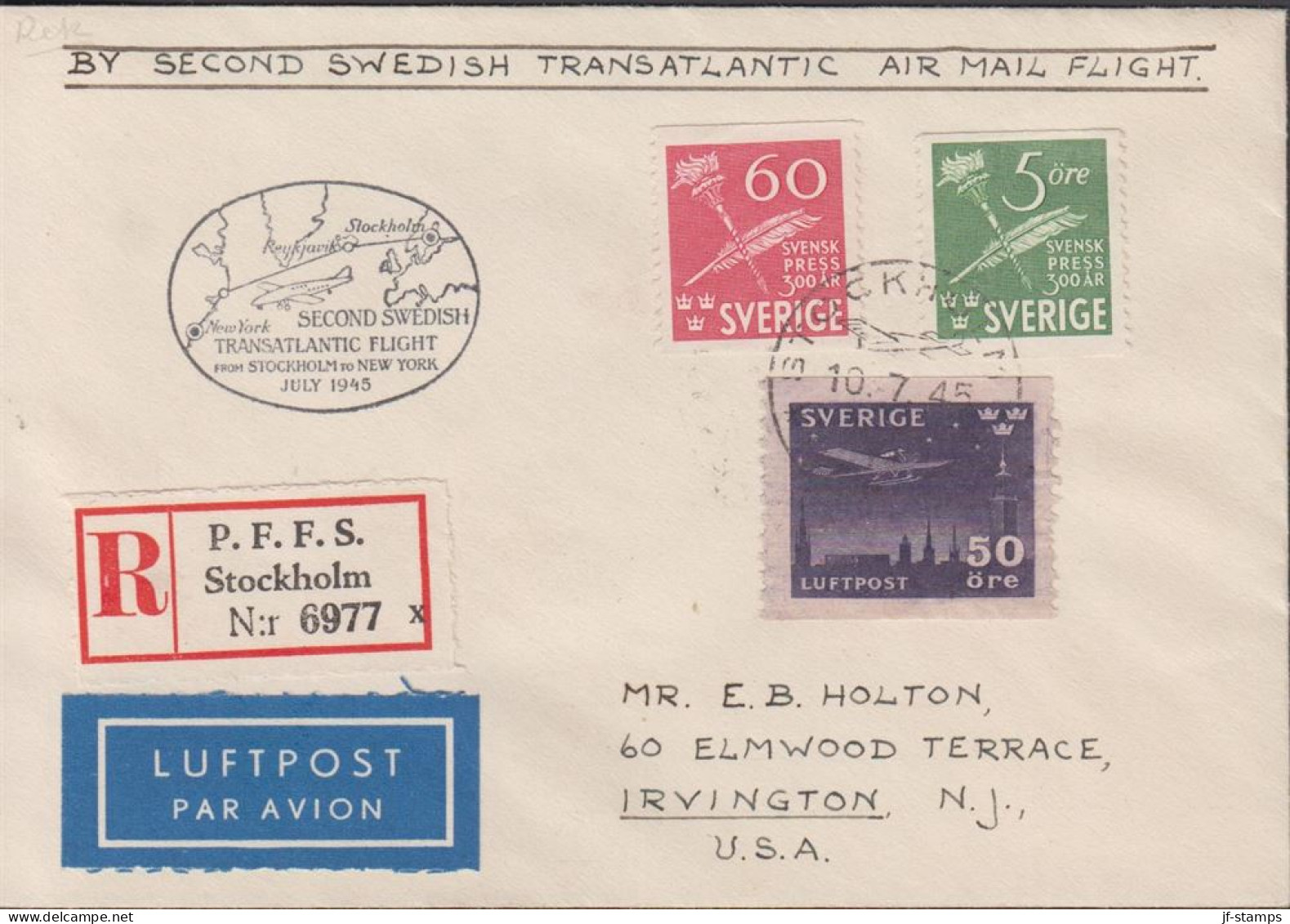 1945. SVERIGE. Fine Small Registered Cover To Irvington, N.J. USA With 5 + 60 ÖRE SVENSK PRE... (Michel 214+) - JF444786 - Cartas & Documentos