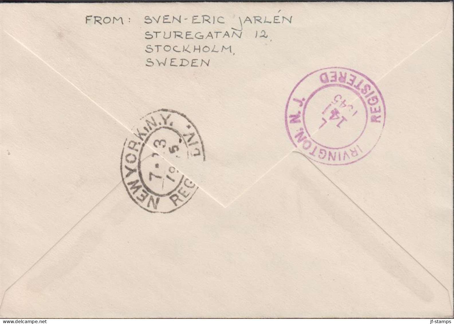 1945. SVERIGE. Fine Small Registered Cover To Irvington, N.J. USA With 5 + 60 ÖRE SVENSK PRE... (Michel 214+) - JF444786 - Cartas & Documentos