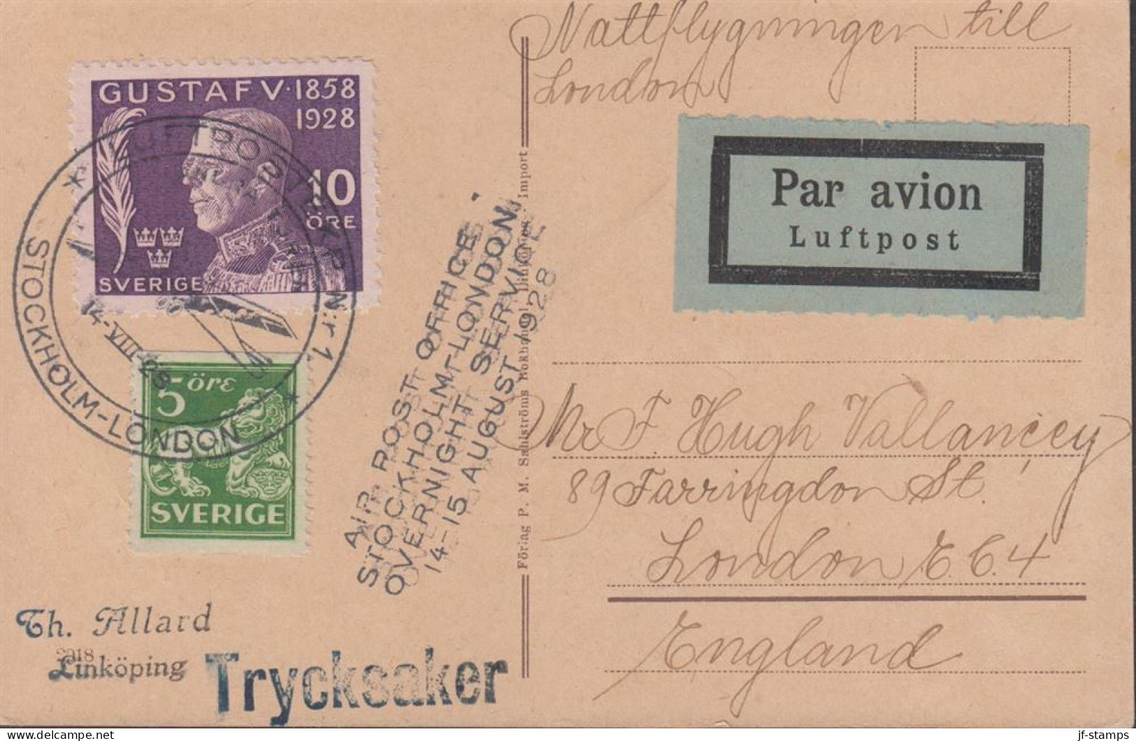 1928. SVERIGE. LUFTPOSTEXP. NR 1 STOCKHOLM - LONDON 14 VIII-28 ANDRA TUREN. On BREFKORT (Lin... (Michel 209+) - JF444789 - Lettres & Documents