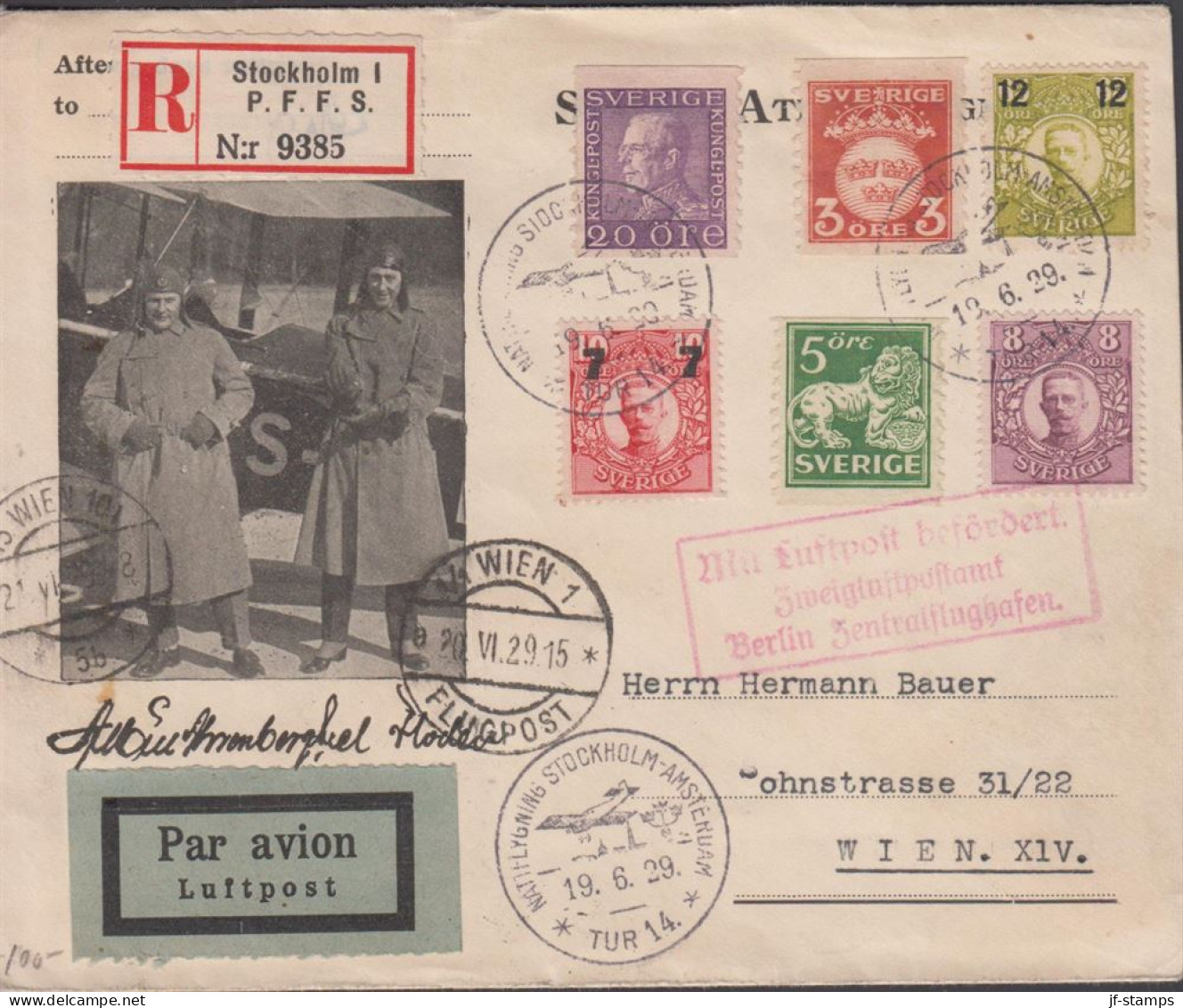 1929. SVERIGE. _Very Fine Cover With Pictures Of Pilots And Their Plane PAR AVION To Wien Wi... (Michel 111+) - JF444790 - Briefe U. Dokumente