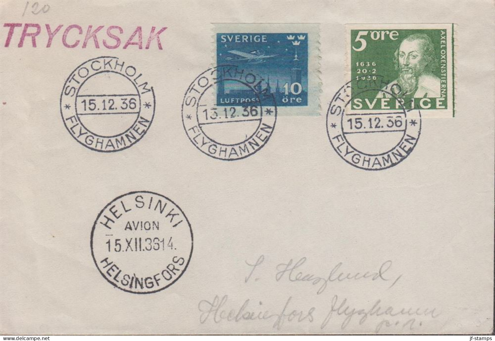 1936. SVERIGE. _Very Fine Cover TRYCKSAK With 5 öre POST And 10 öre LUFTPOST To Helsinki, Fi... (Michel 213+) - JF444791 - Storia Postale