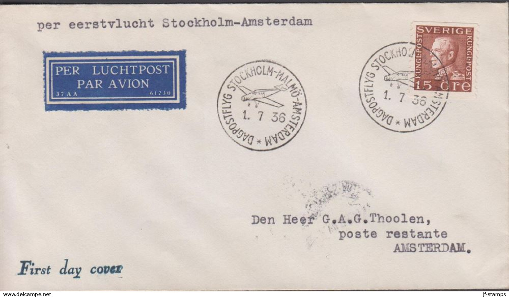 1936. SVERIGE. 15 ÖRE GUSTAV V.  Very Rare FDC Cancelled DAGSPOSTFLYG STOCKHOLM-MALMÖ-AMSTER... (Michel 180 ) - JF444792 - Lettres & Documents