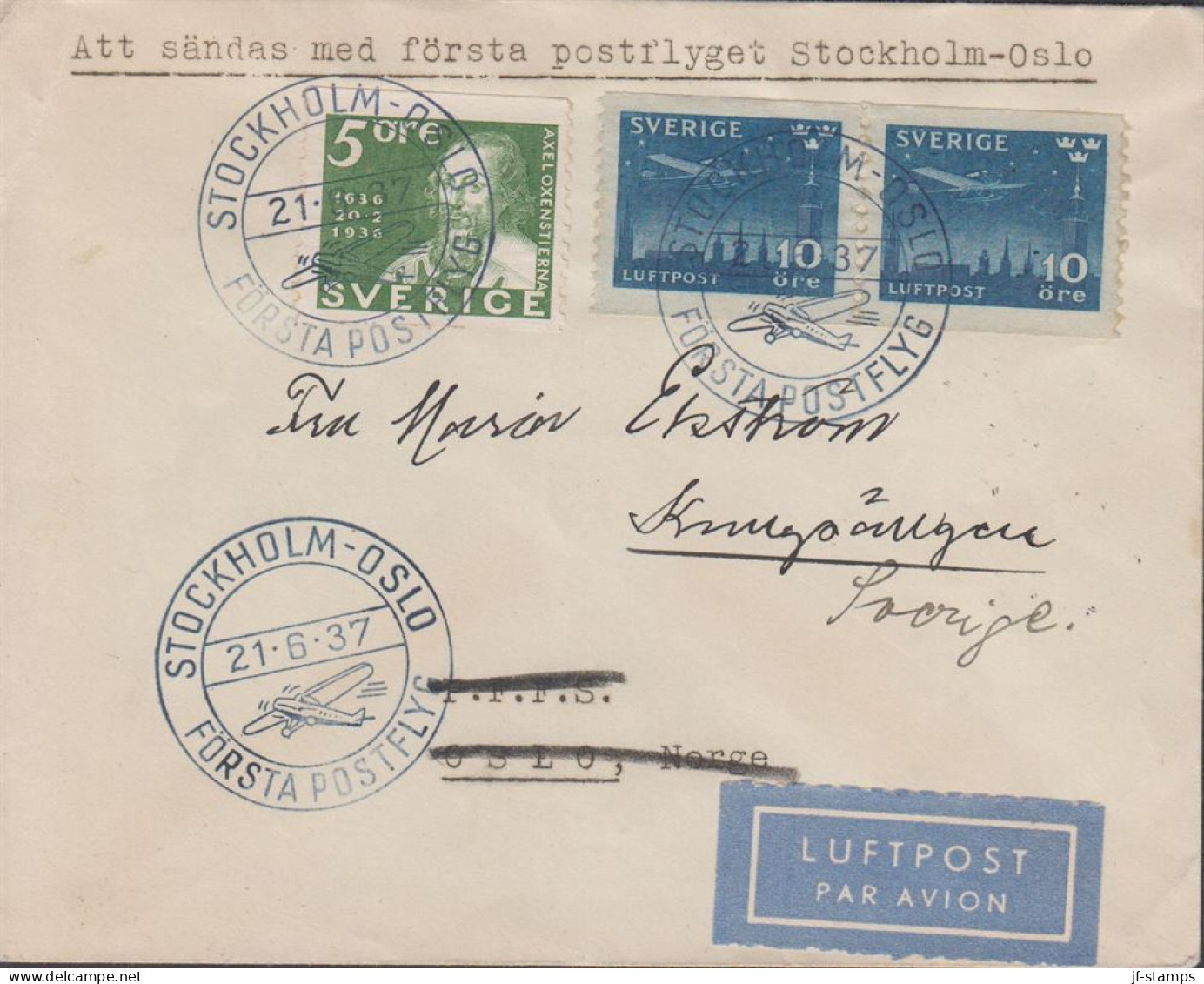 1937. SVERIGE. _Very Fine Cover With 5 öre POST And Pair 10 öre LUFTPOST To Oslo, Norge Canc... (Michel 213+) - JF444793 - Lettres & Documents