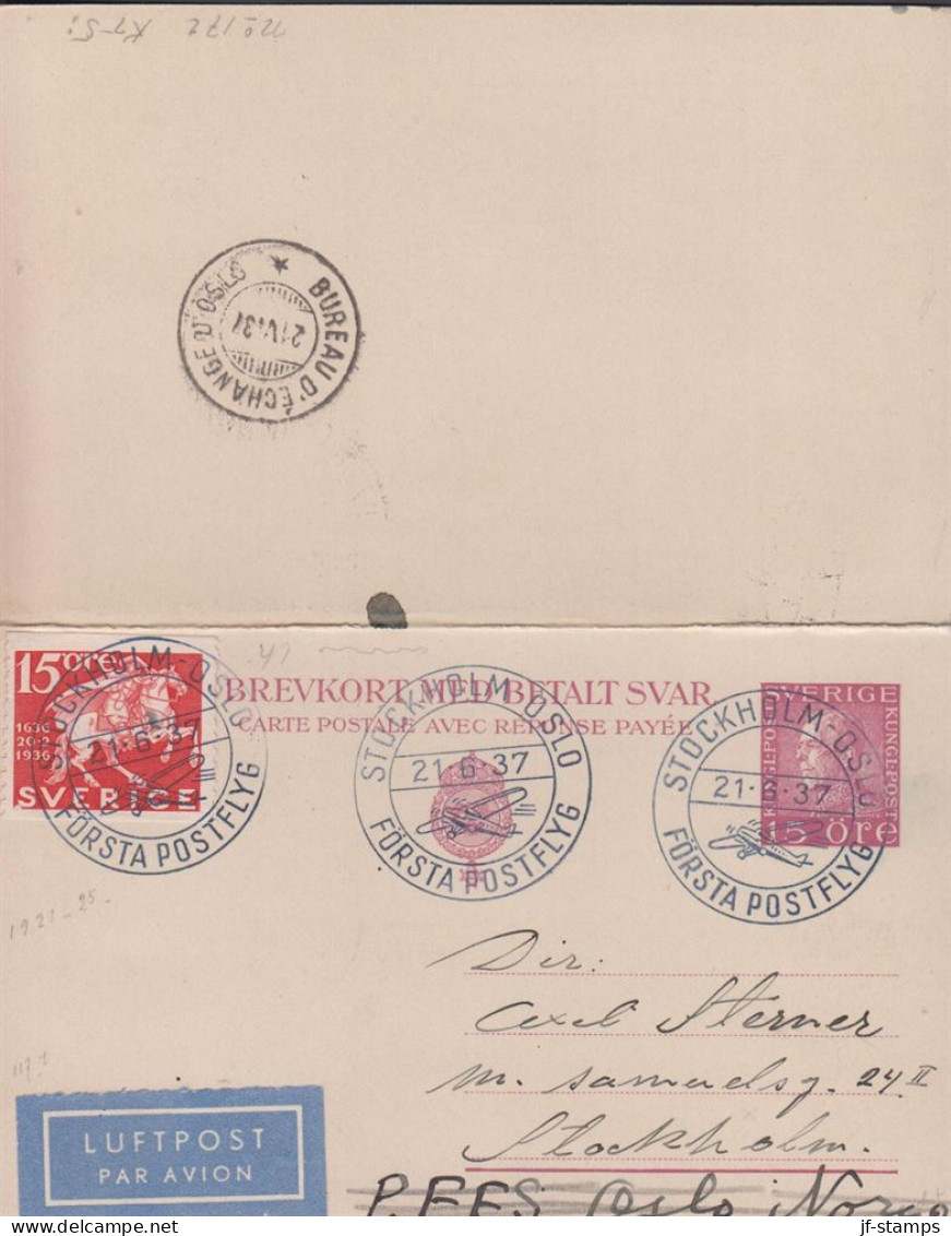 1937. SVERIGE. _Very Fine 15 ÖRE GUSTAV V BREVKORT MED BETALT SVAR With 5 öre POST By LUFTPO... (Michel 229+) - JF444794 - Storia Postale