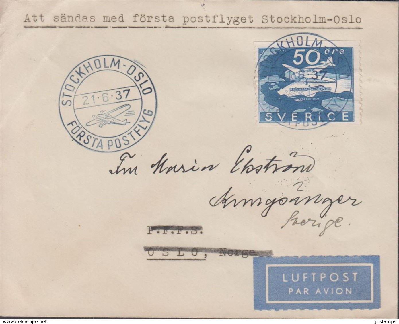 1937. SVERIGE. _Fine Cover With 50 öre BROMMA LUFTPOST To Oslo, Norge Cancelled STOCKHOLM-OSL... (Michel 239) - JF444795 - Covers & Documents