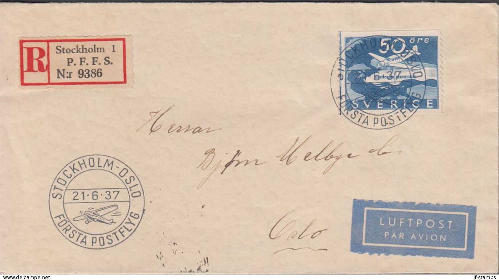 1937. SVERIGE. _Fine Cover With 50 öre BROMMA LUFTPOST To Oslo, Norge Cancelled STOCKHOLM-OSL... (Michel 239) - JF444796 - Lettres & Documents