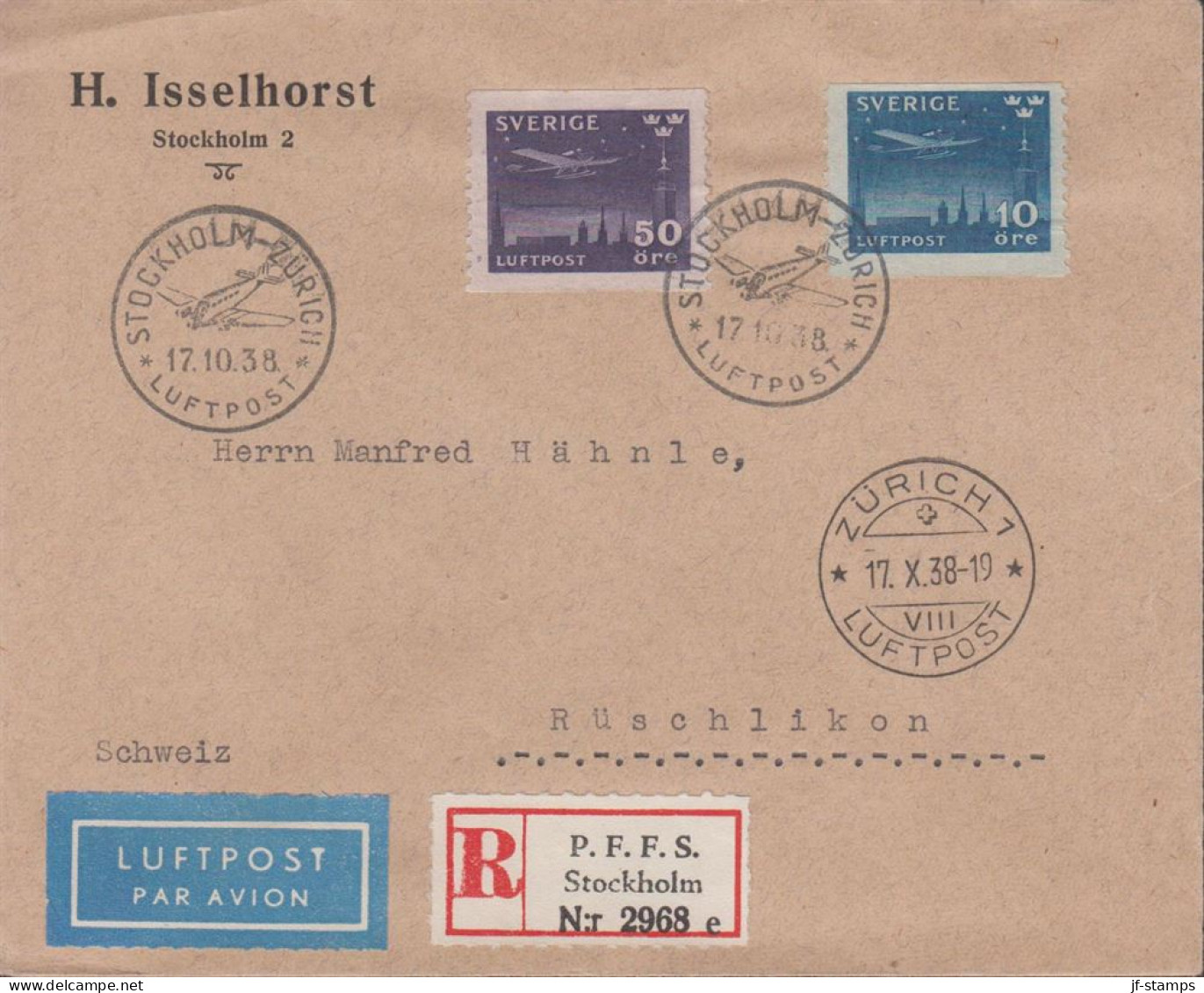 1938. SVERIGE. _Fine LUFTPOST REGISTERED Cover With 10 + 50 öre LUFTPOST To Schweiz Cance... (Michel 213-214) - JF444797 - Covers & Documents