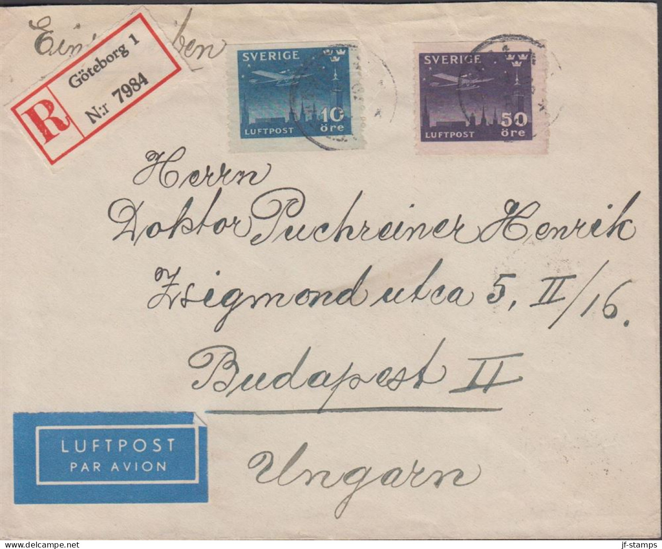 1938. SVERIGE. _Fine LUFTPOST REGISTERED Cover With 10 + 50 öre LUFTPOST To Budapest, Ung... (Michel 213-214) - JF444798 - Storia Postale