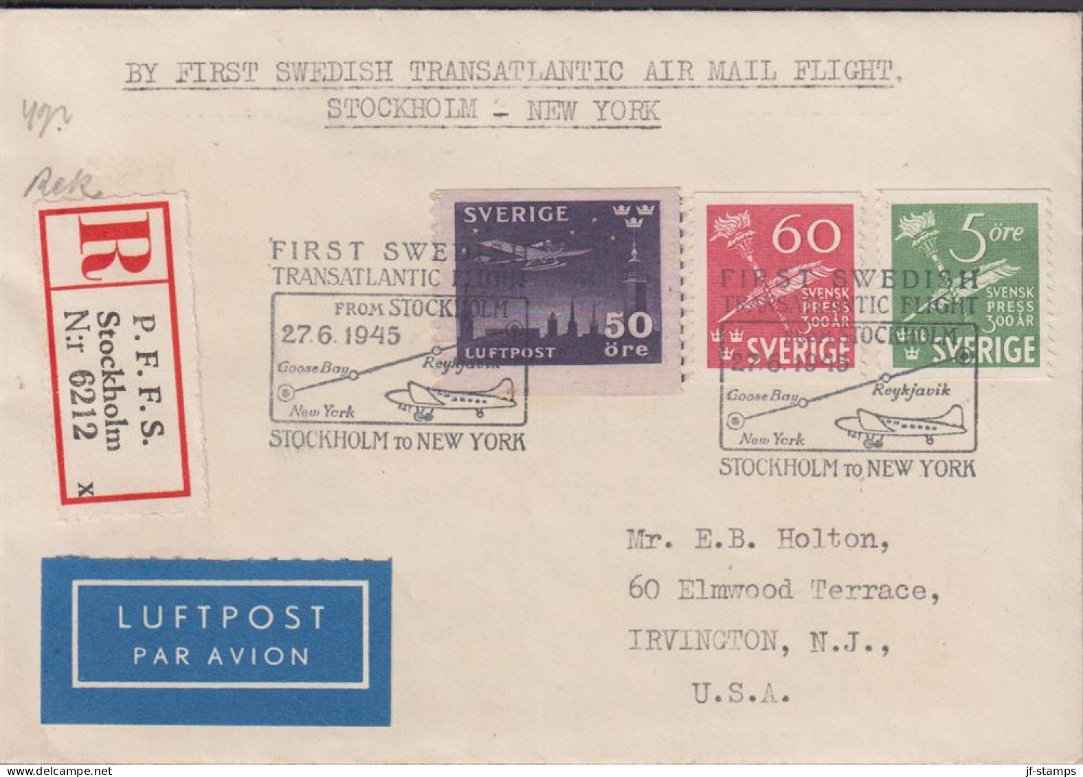 1945. SVERIGE. Fine Small Registered LUFTPOST Cover To Irvington, N.J. USA With 5 + 60 ÖRE S... (Michel 214+) - JF444800 - Covers & Documents