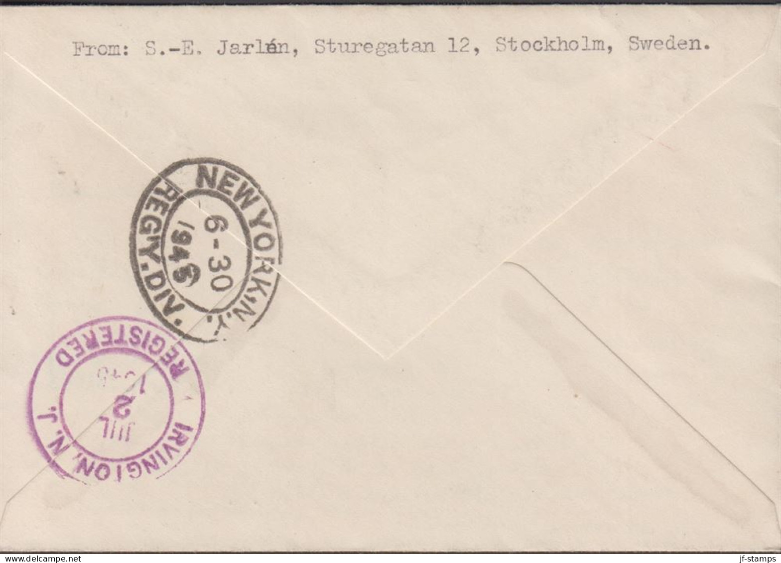 1945. SVERIGE. Fine Small Registered LUFTPOST Cover To Irvington, N.J. USA With 5 + 60 ÖRE S... (Michel 214+) - JF444800 - Storia Postale