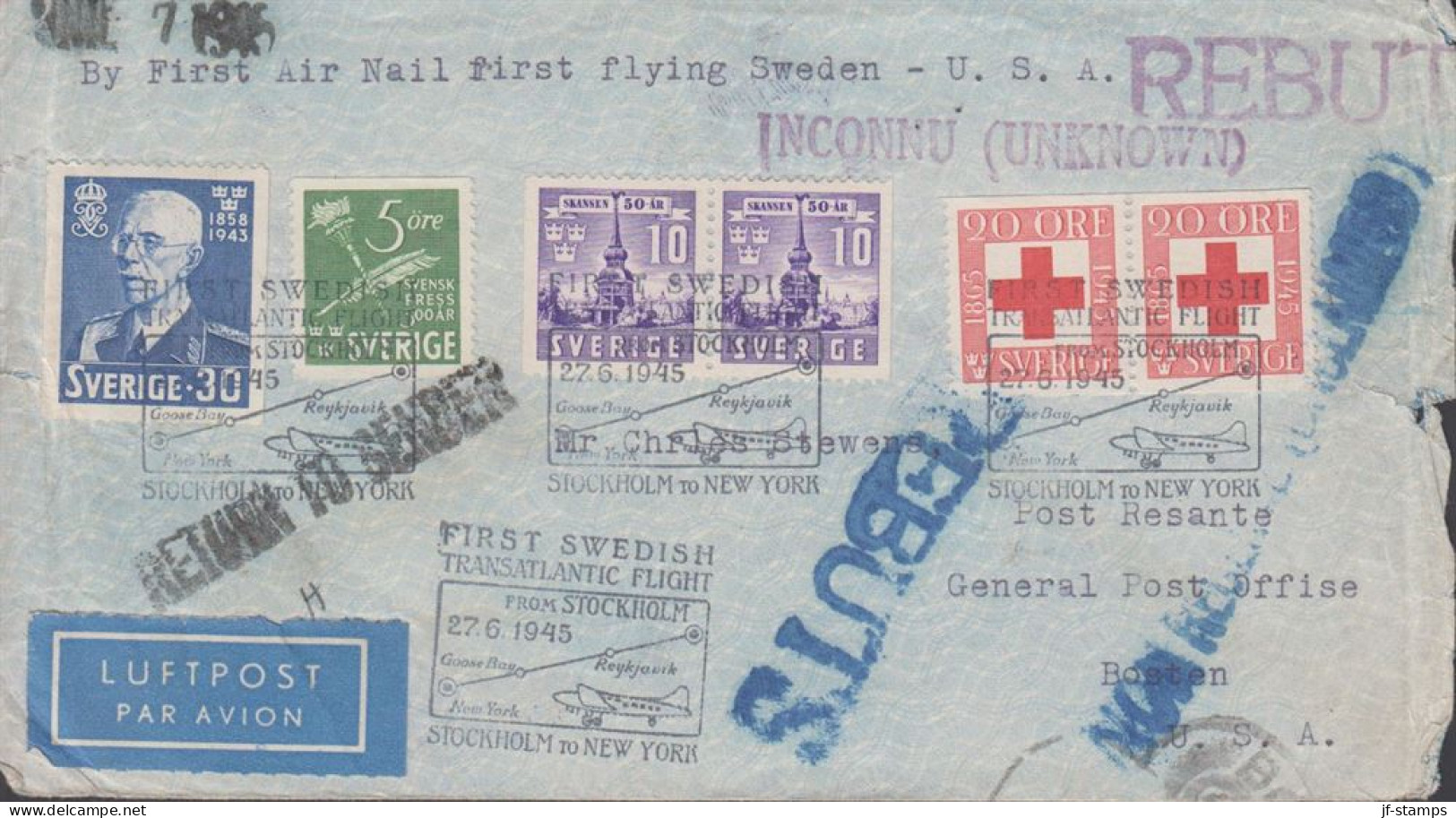 1945. SVERIGE. Interesting Registered LUFTPOST Cover (tears) To Bosten. USA With 5 ÖRE SVE... (Michel 283DD+) - JF444801 - Storia Postale