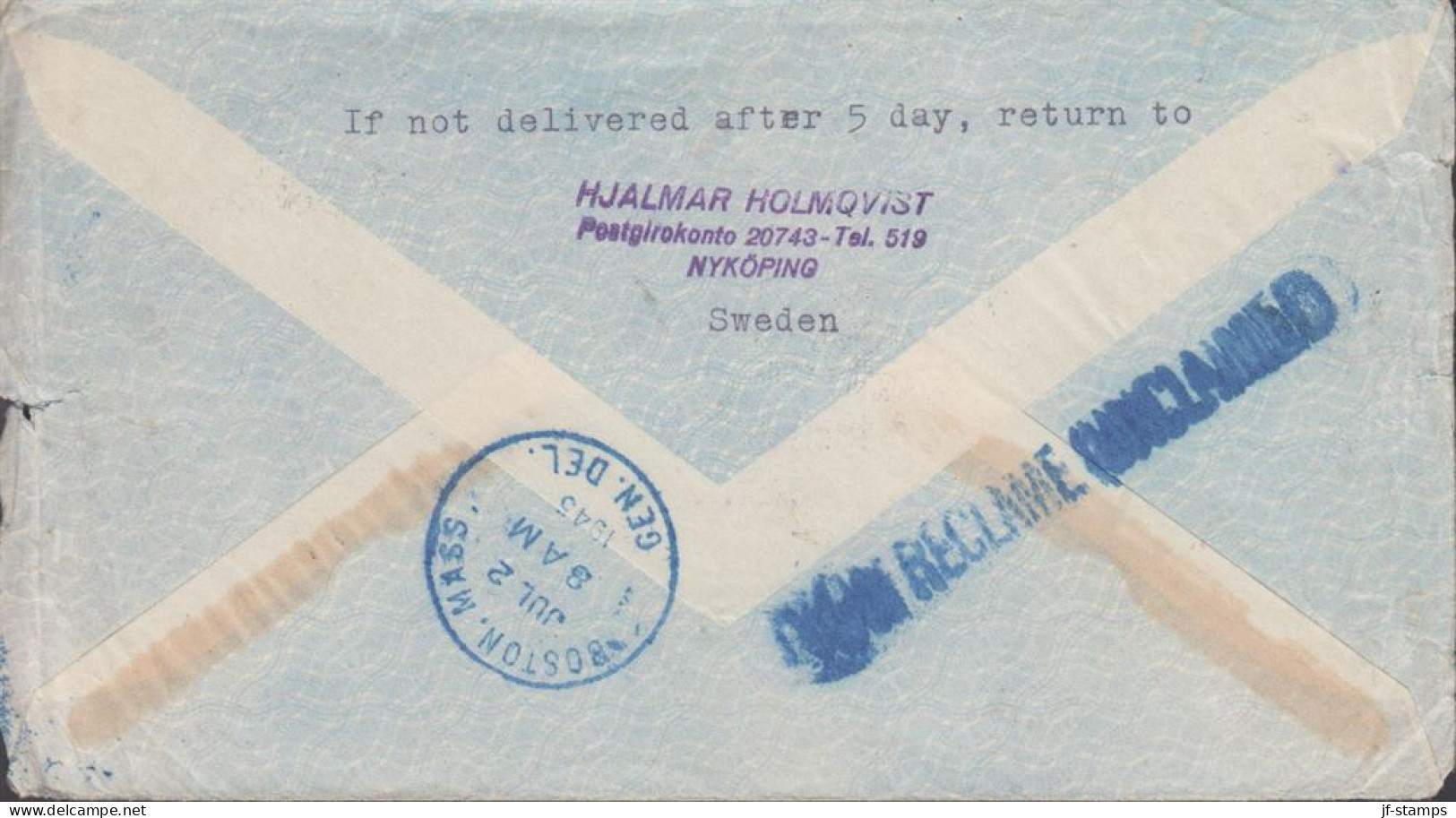 1945. SVERIGE. Interesting Registered LUFTPOST Cover (tears) To Bosten. USA With 5 ÖRE SVE... (Michel 283DD+) - JF444801 - Covers & Documents