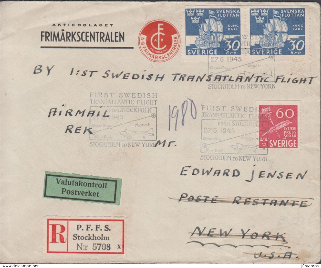 1945. SVERIGE. Interesting Registered LUFTPOST Cover To New York. USA With 60 ÖRE SVENSK PRE... (Michel 308+) - JF444802 - Cartas & Documentos