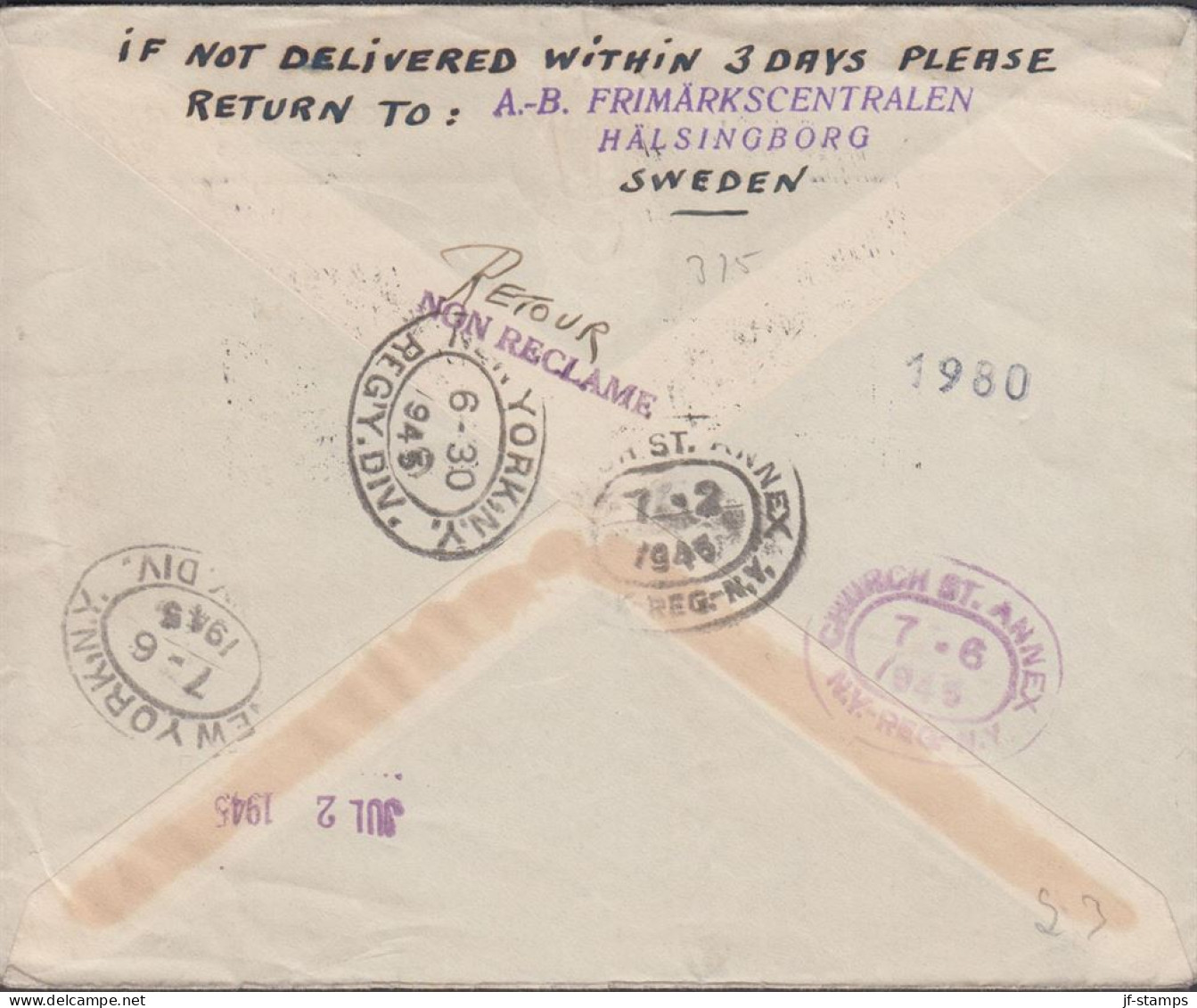 1945. SVERIGE. Interesting Registered LUFTPOST Cover To New York. USA With 60 ÖRE SVENSK PRE... (Michel 308+) - JF444802 - Storia Postale