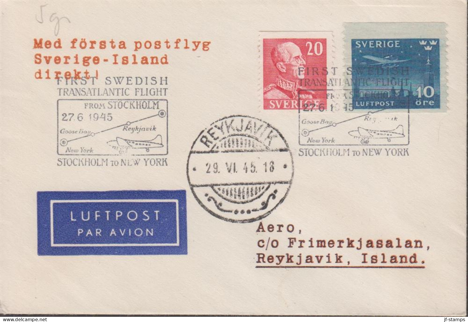 1945. SVERIGE. Fine Small LUFTPOST Cover To Reykjavik, Island With 20 ÖRE Gustav V And 10 ÖR... (Michel 213+) - JF444803 - Covers & Documents