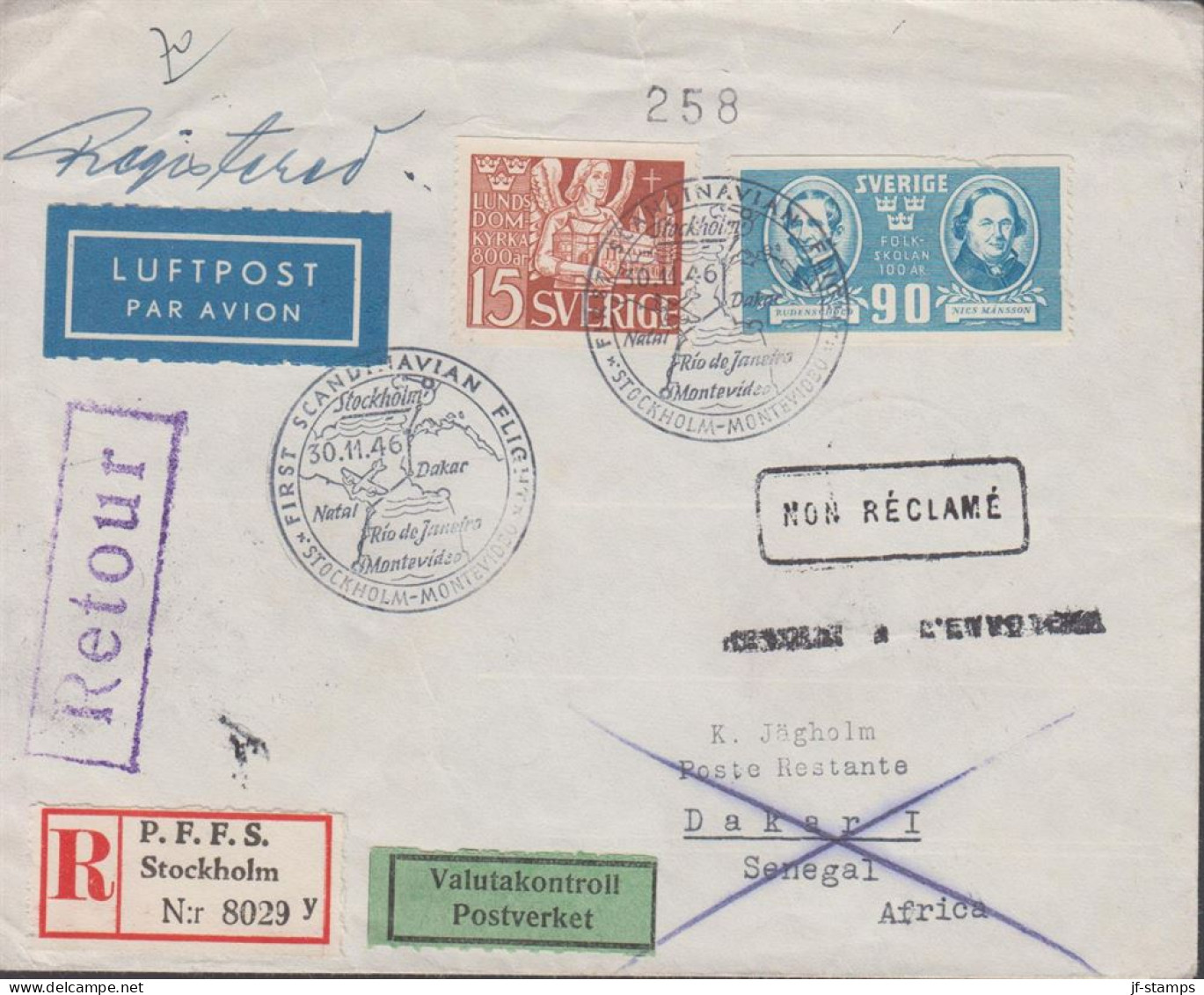 1946. SVERIGE. Fine Registered LUFTPOST Cover To Dakar, Senegal With 15 ÖRE LUNDS DOMKYRKA A... (Michel 294+) - JF444805 - Covers & Documents