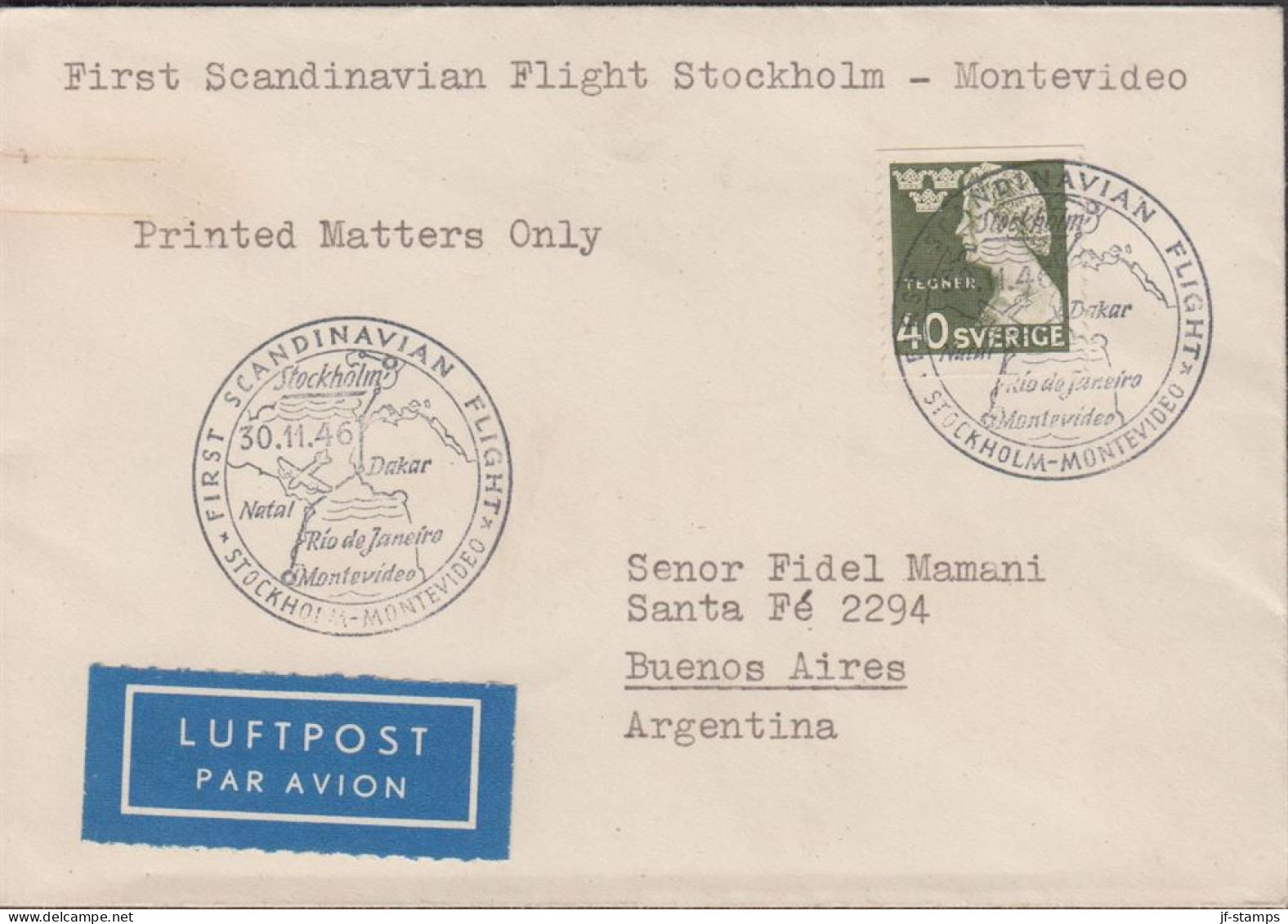 1946. SVERIGE. Fine Small LUFTPOST Cover To Buenos Aires With 40 öre TEGNER Cancelled FIRST S... (Michel 324) - JF444806 - Covers & Documents