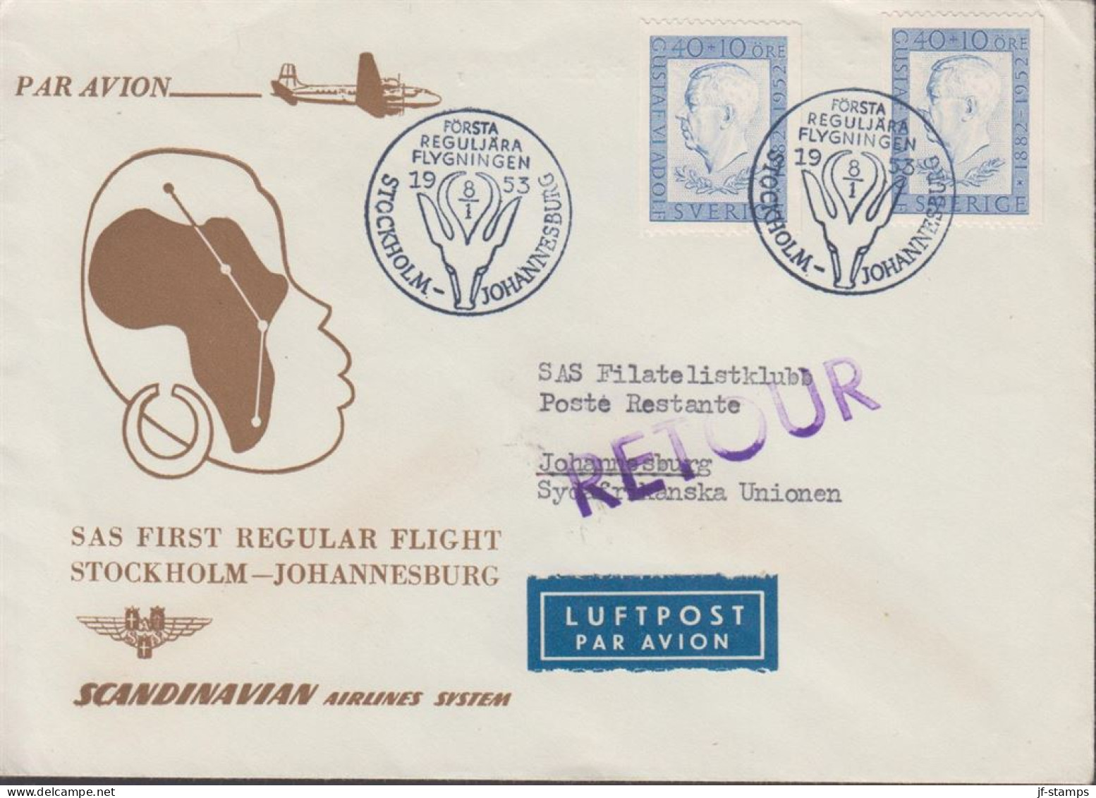 1953. SVERIGE. Fine LUFTPOST Cover To Johannesburg, South Africa With 2 Ex 40 + 10 öre Gustav... (Michel 378) - JF444809 - Covers & Documents