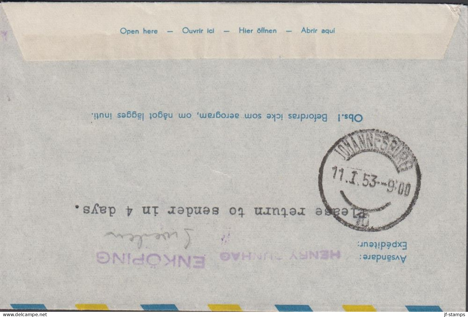 1953. SVERIGE. Fine AEROGRAM Cover To Johannesburg, South Africa With 3-stripe 5 öre + 25 ör... (Michel 366+) - JF444810 - Lettres & Documents
