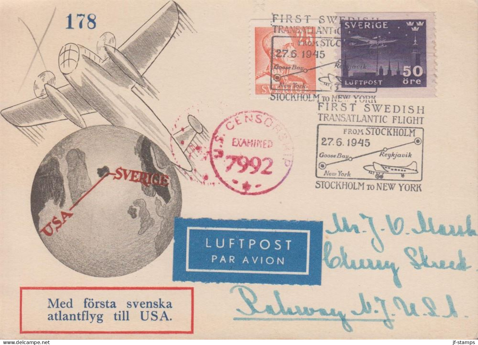1945. SVERIGE. Fine Censored LUFTPOST Postcard To USA With 25 ÖRE Gustav V And 50 ÖRE LUFTPO... (Michel 214+) - JF444811 - Briefe U. Dokumente