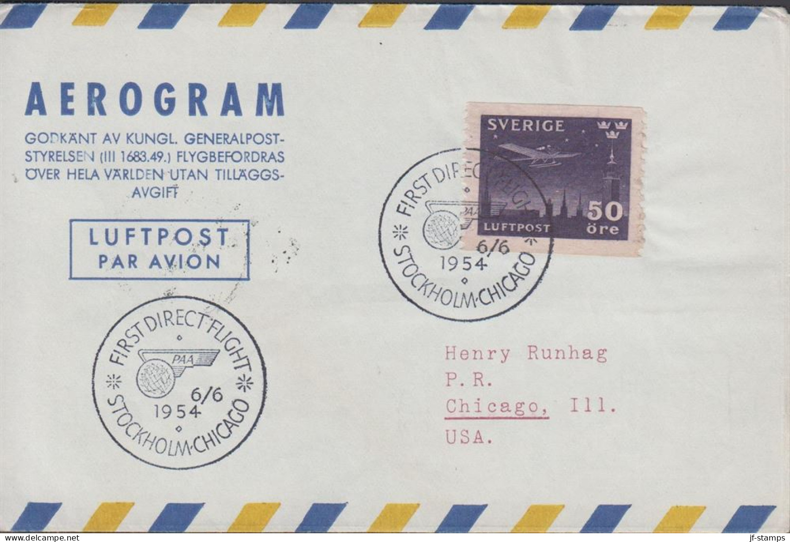 1954. SVERIGE. Fine AEROGRAM To Chicago With 50 öre Luftpost Cancelled FIRST DIRECT FLIGHT ST... (Michel 214) - JF444816 - Lettres & Documents