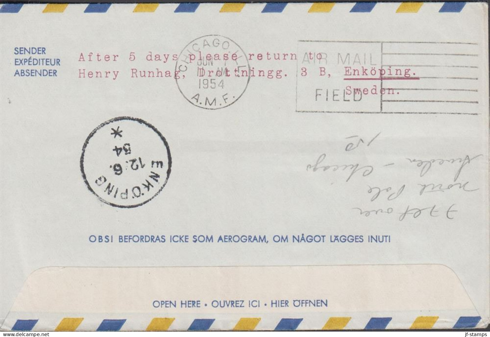 1954. SVERIGE. Fine AEROGRAM To Chicago With 50 öre Luftpost Cancelled FIRST DIRECT FLIGHT ST... (Michel 214) - JF444816 - Covers & Documents
