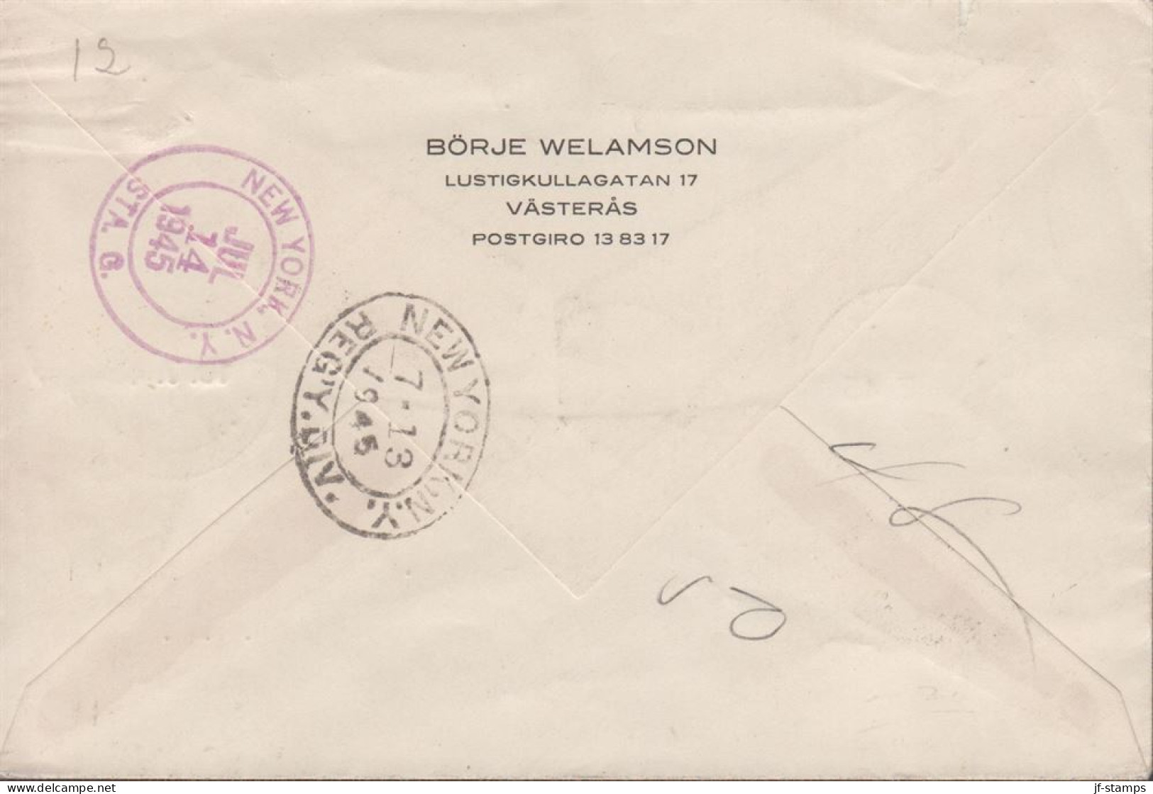 1945. SVERIGE. Fine Small Registered Luftpost Cover To The Swedish Legation, New York, US... (Michel 214-215) - JF444817 - Brieven En Documenten