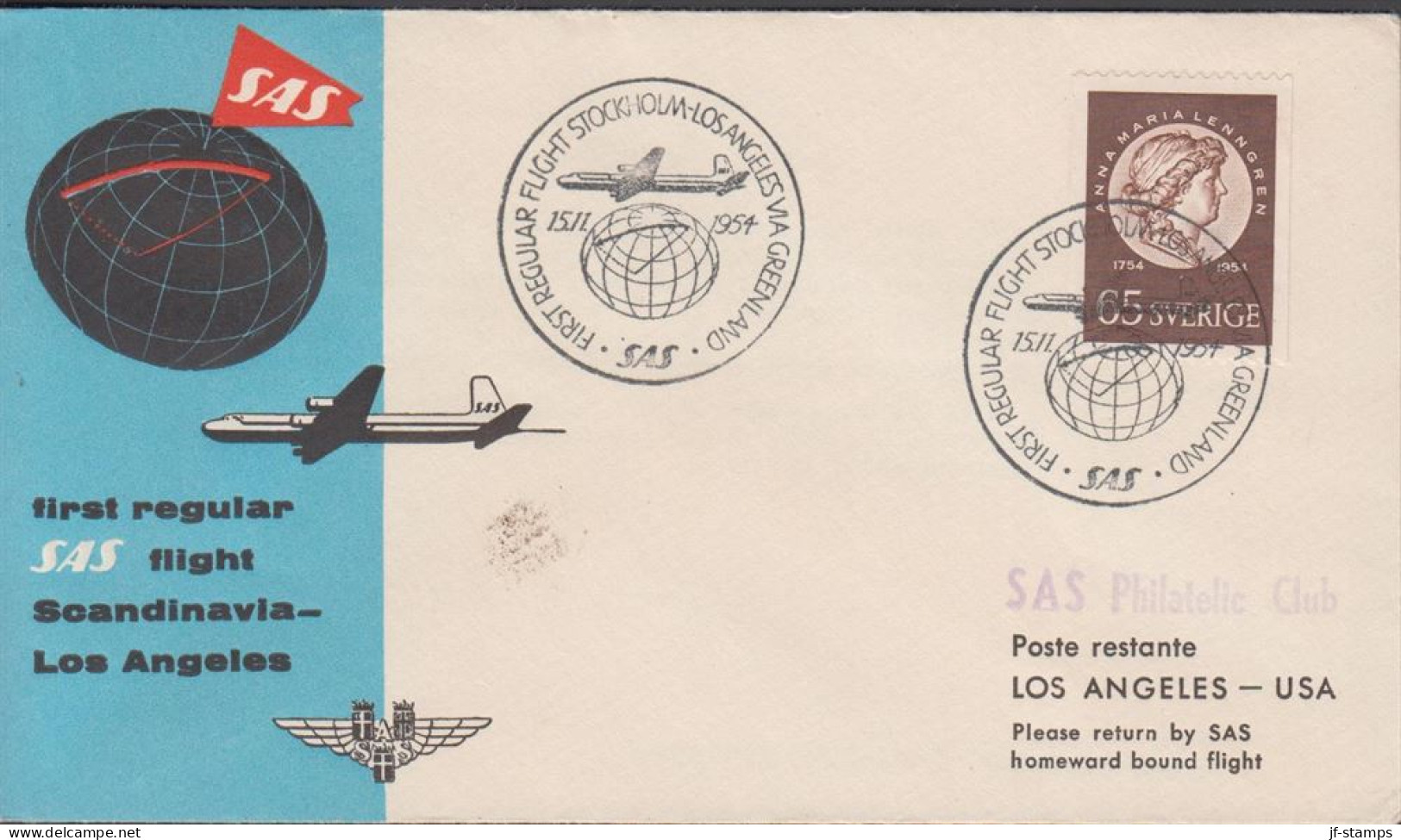 1954. SVERIGE. Fine Small Luftpost SAS-cover To USA With 65 ÖRE ANNA MARIA LENNGREN Cancelled... (Michel 395) - JF444818 - Storia Postale