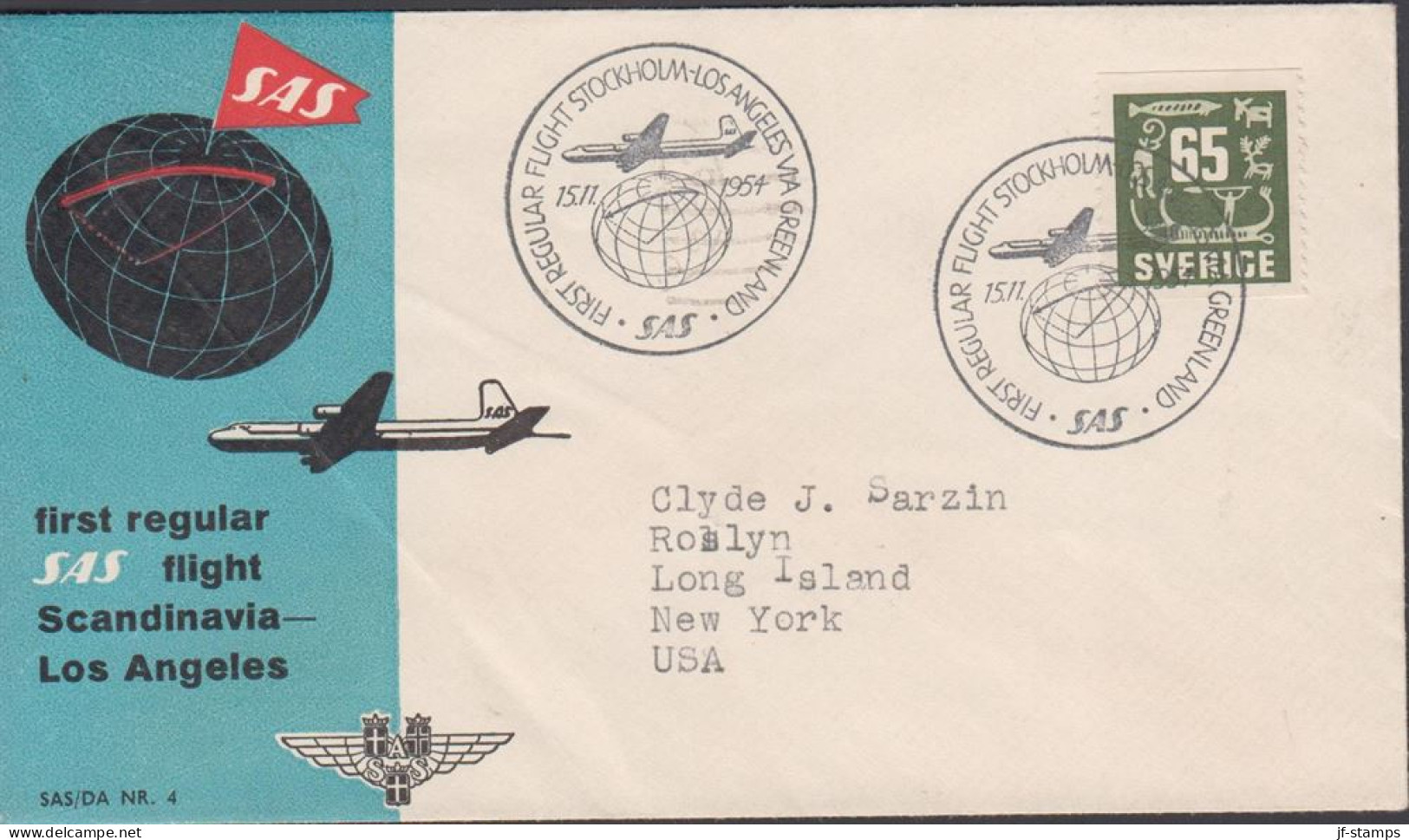 1954. SVERIGE. Fine Small Luftpost SAS-cover To USA With 65 ÖRE  Cancelled FIRST REGULAR FLIG... (Michel 398) - JF444820 - Briefe U. Dokumente