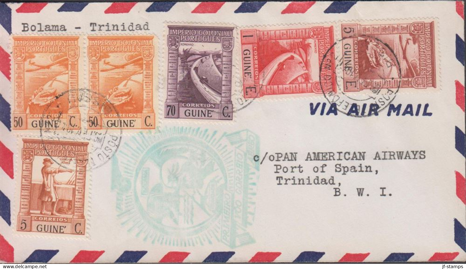 1941. GUINE. Fine First Flight Cover BOLAMA - TRINIDAD With Fine Franking With 6 Stamps Canc... (Michel 247+) - JF442965 - Portugees Guinea