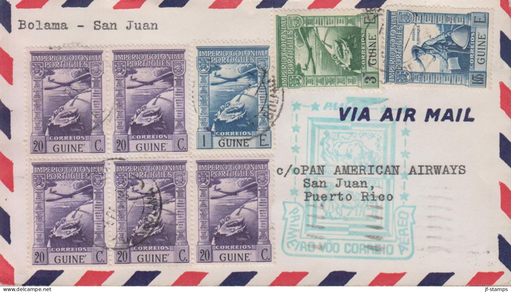 1941. GUINE. Fine First Flight Cover BOLAMA - SAN JUAN With Fine Franking With 8 Stamps Canc... (Michel 242+) - JF442966 - Guinée Portugaise