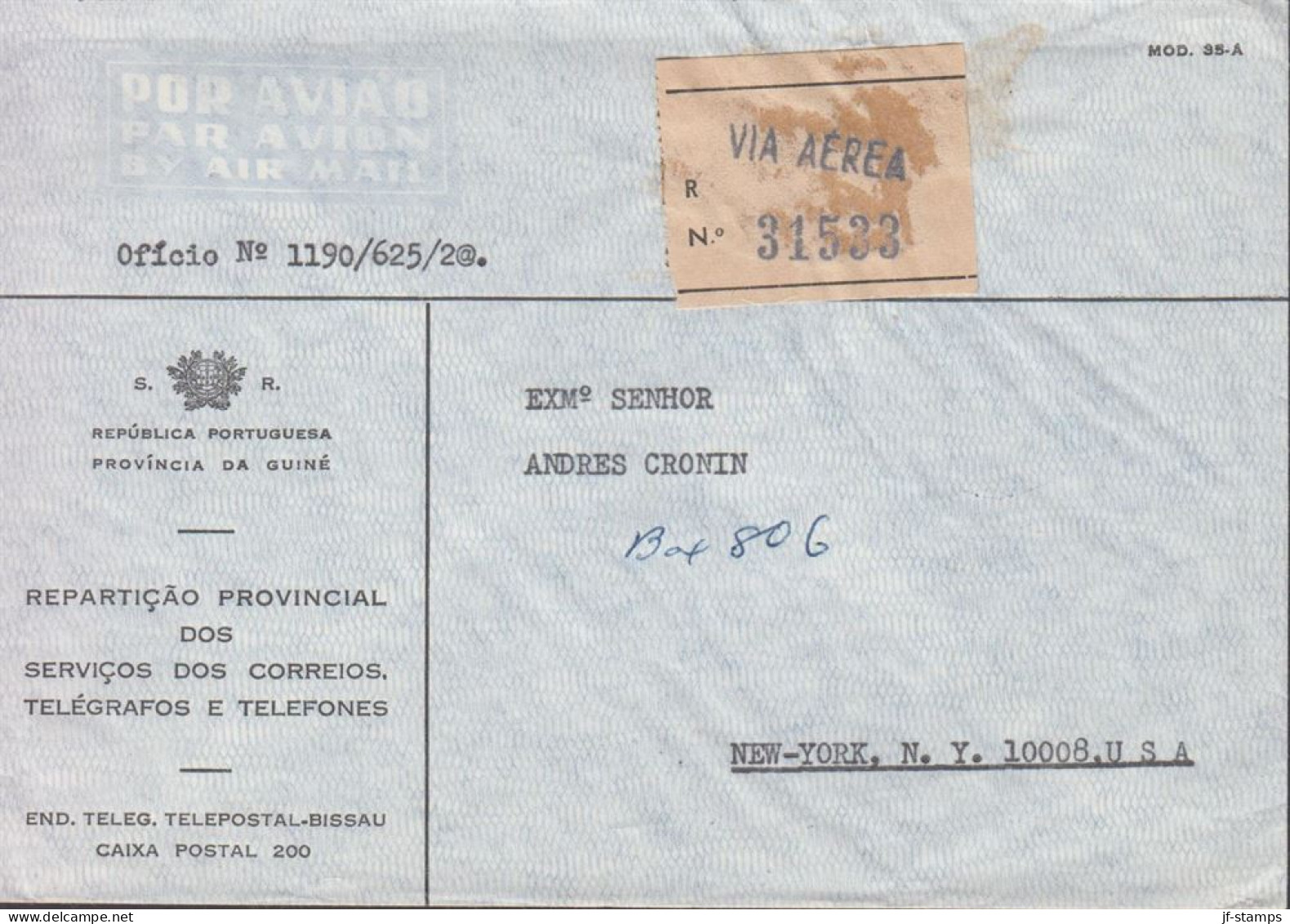 1971. GUINE. Fine Official Cover To USA Registered And VIA AEREA No 31533. Cancelled 9.12.71 Reverse.  - JF442968 - Portuguese Guinea