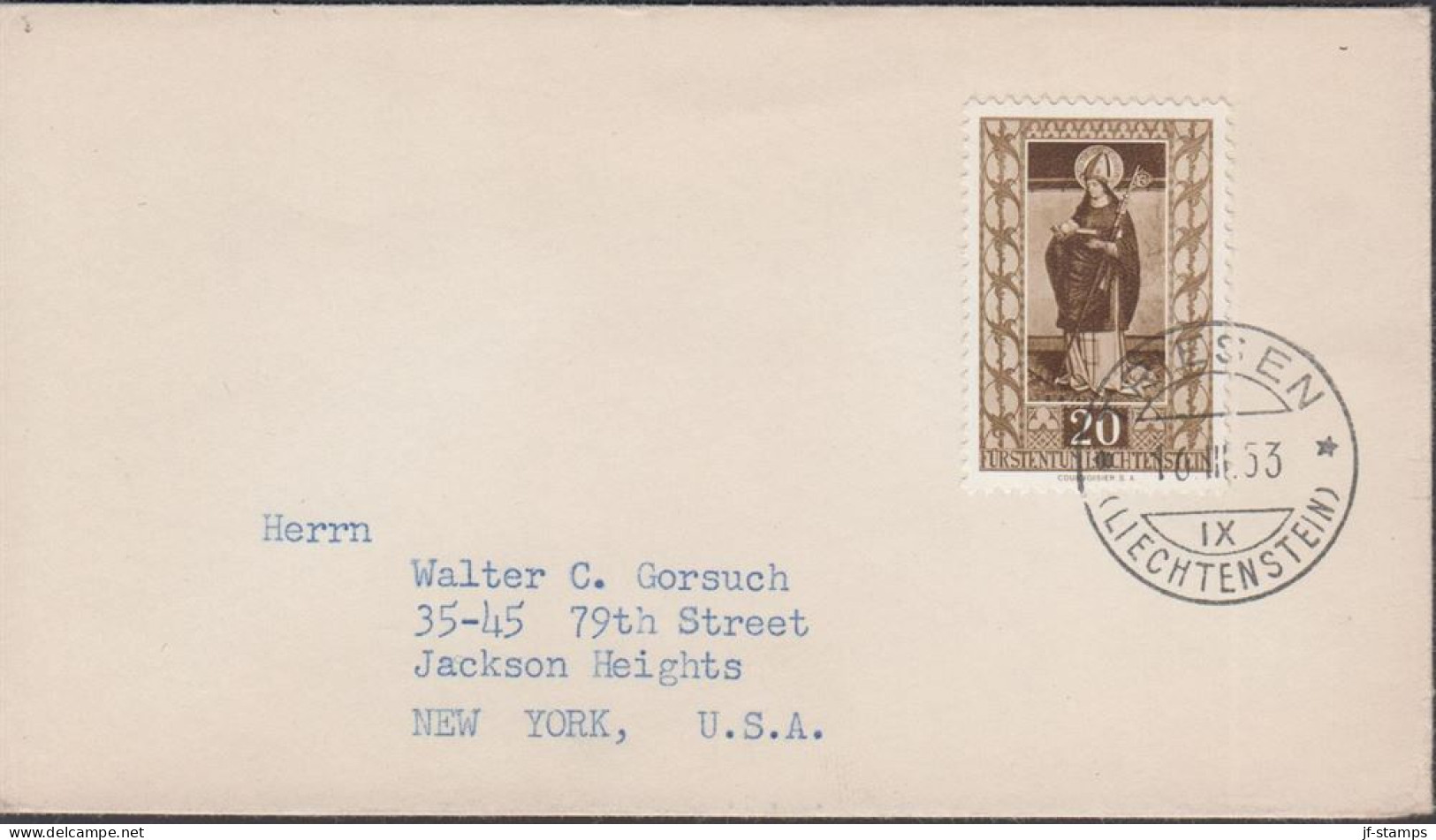 1953. LIECHTENSTEIN. 20 Rp Painting St. Nikolaus On Small Cover To USA Cancelled TRIESEN LIEC... (Michel 312) - JF445086 - Lettres & Documents