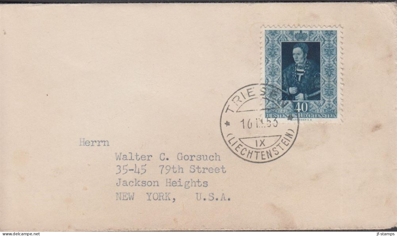 1953. LIECHTENSTEIN. 30 Rp Painting Leonhard Graf Zum Hag On Small Cover To USA Cancelled TRI... (Michel 314) - JF445090 - Lettres & Documents