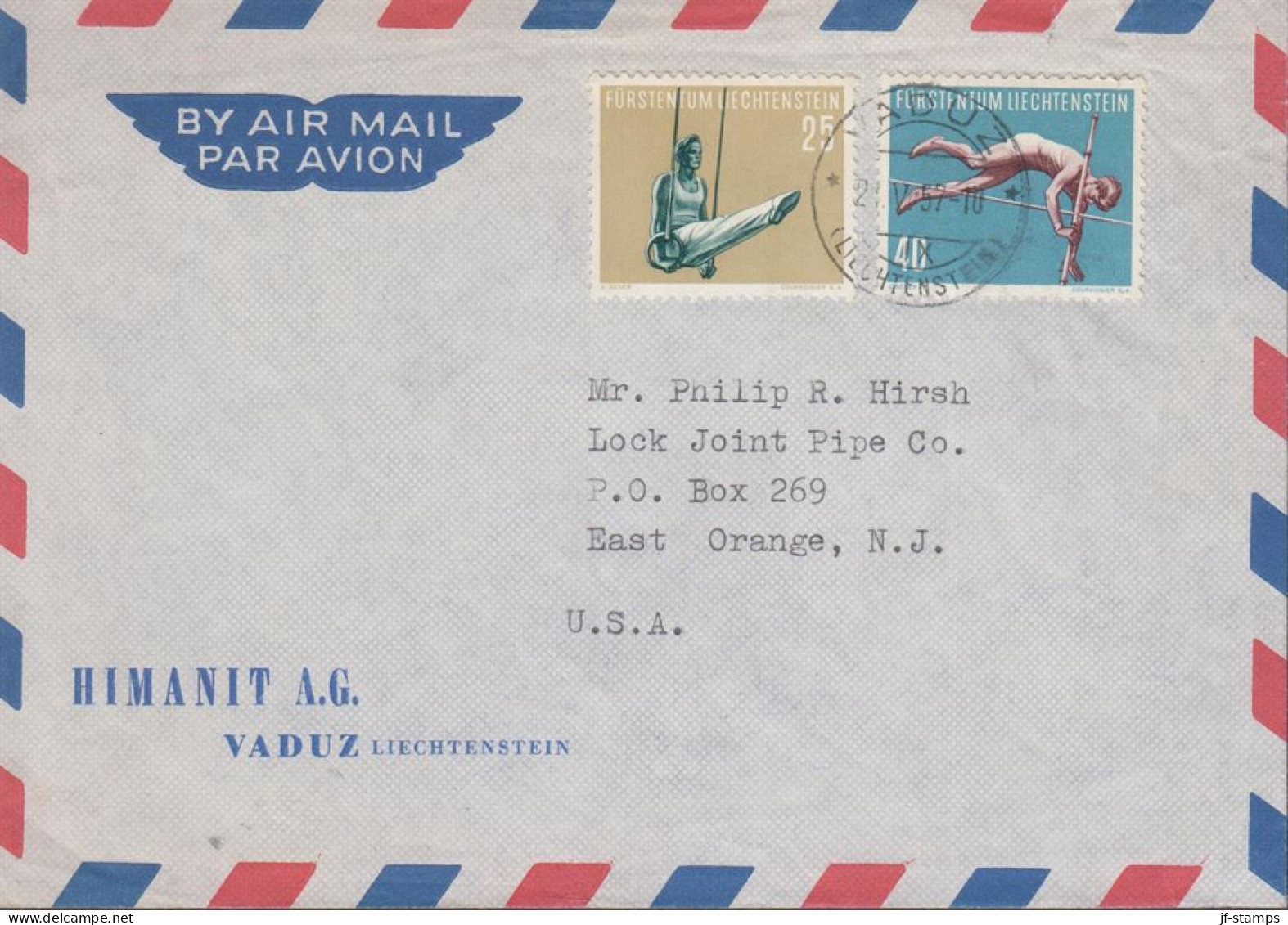 1957. LIECHTENSTEIN. 25 + 40 Rp Sport  On AIR MAIL Cover To USA Cancelled VADUZ (LIECHTENSTE... (Michel 344+) - JF445091 - Briefe U. Dokumente