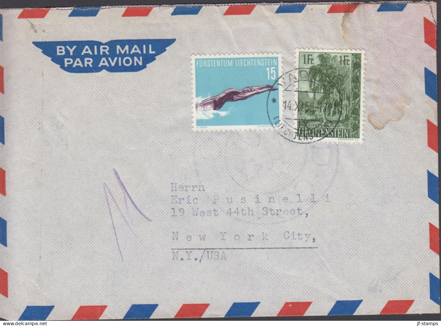 1958. LIECHTENSTEIN. 15 Rp Sport  + 1 Fr. On AIR MAIL Cover (spot) To USA Cancelled VADUZ (L... (Michel 359+) - JF445092 - Brieven En Documenten