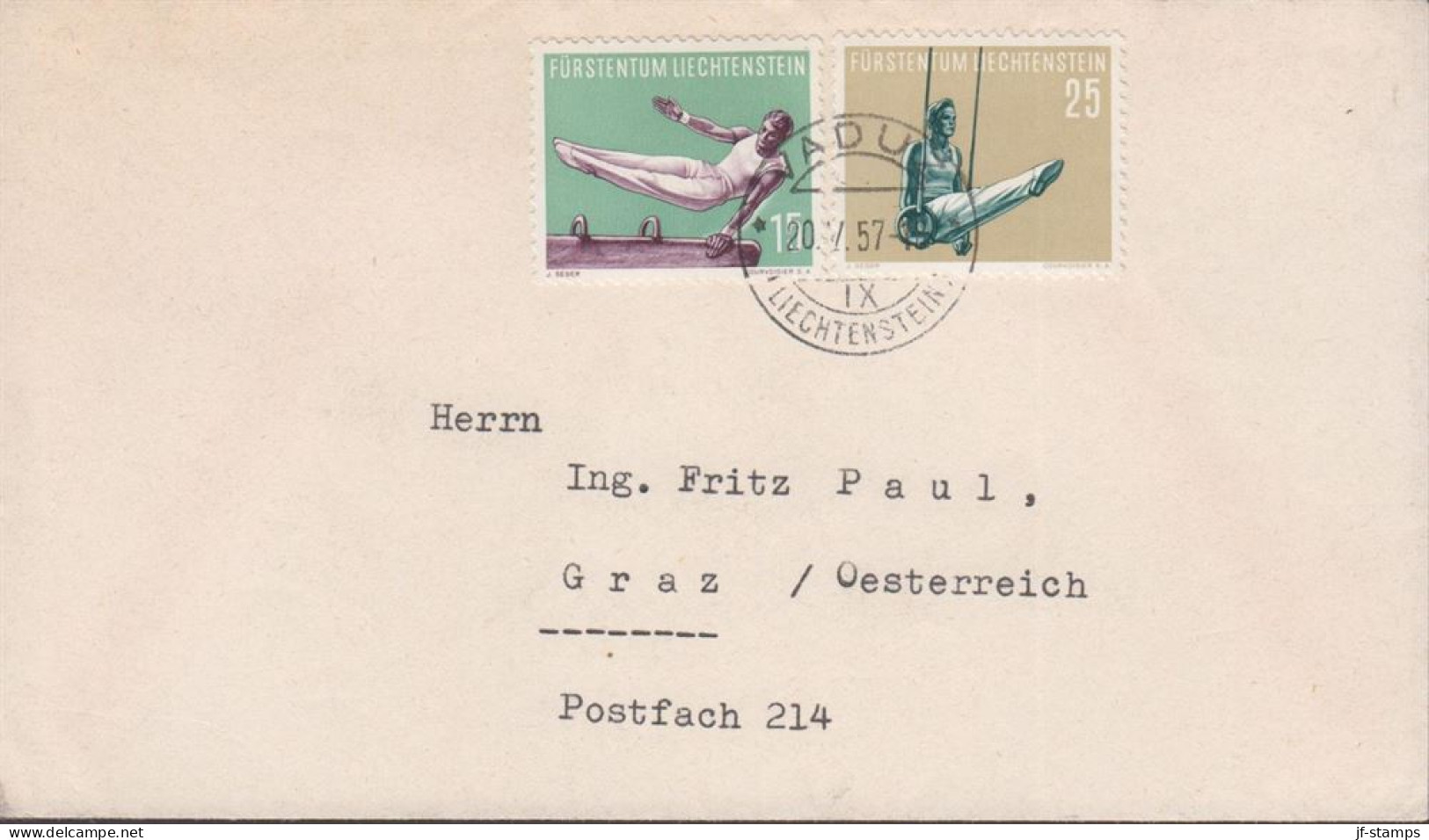 1957. LIECHTENSTEIN. 15 + 25 Rp Sport  On AIR MAIL Cover To Graz, Oesterreich Cancelled VADU... (Michel 355+) - JF445093 - Lettres & Documents